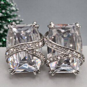 Large Crystal Sparkly Silver Tone Clip Earrings Wedding Bridesmaid